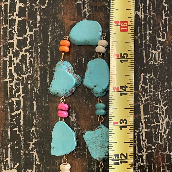 Boho Blue Turquoise Color Slab Chunky Stone Beaded Vegan Leather Long Necklace - Picture 5 of 10